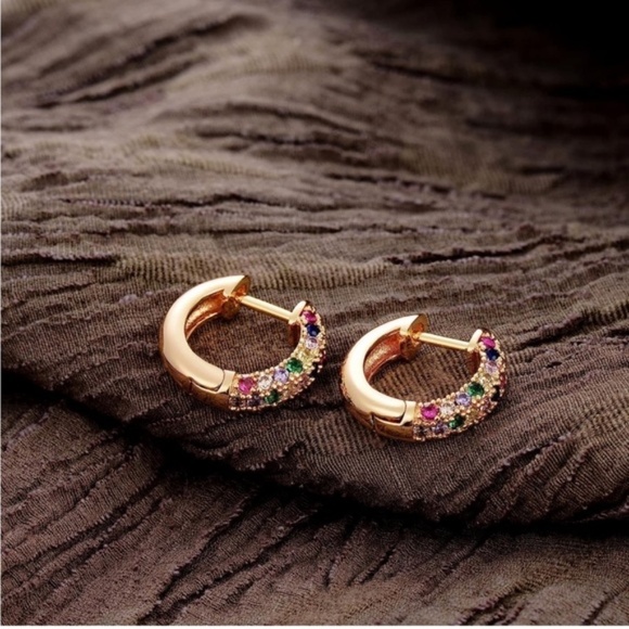 Gold 14k Gold Plated Colorful Cubic Zirconia Hoop Earrings - Picture 1 of 4
